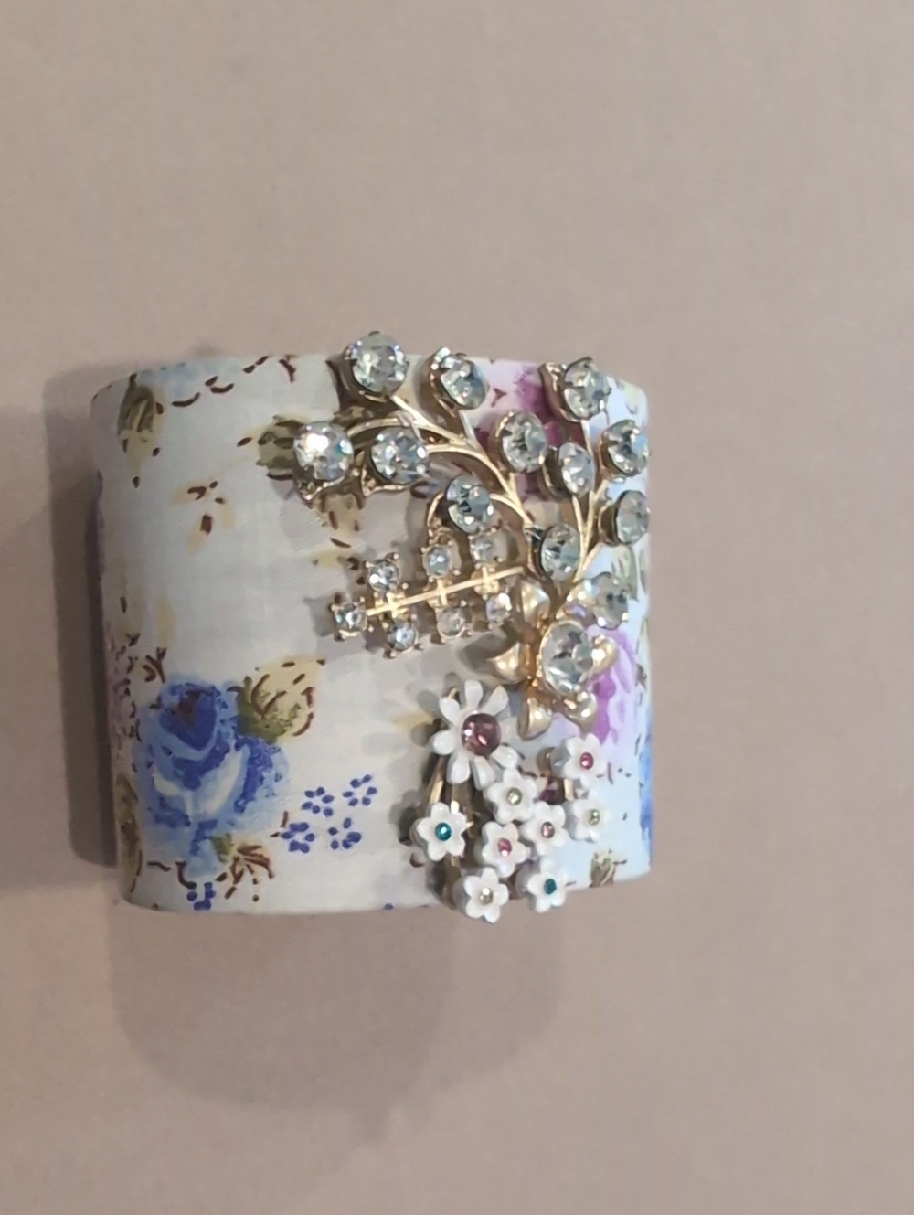 Betsey Johnson Gold-Tone Crystal Floral Cuff with White and Blue Floral Enamel